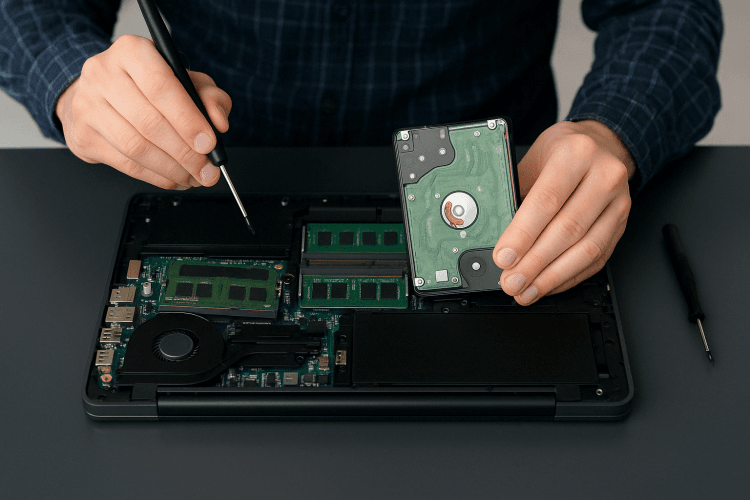 Technician performing hardware upgrades & battery replacement on a laptop